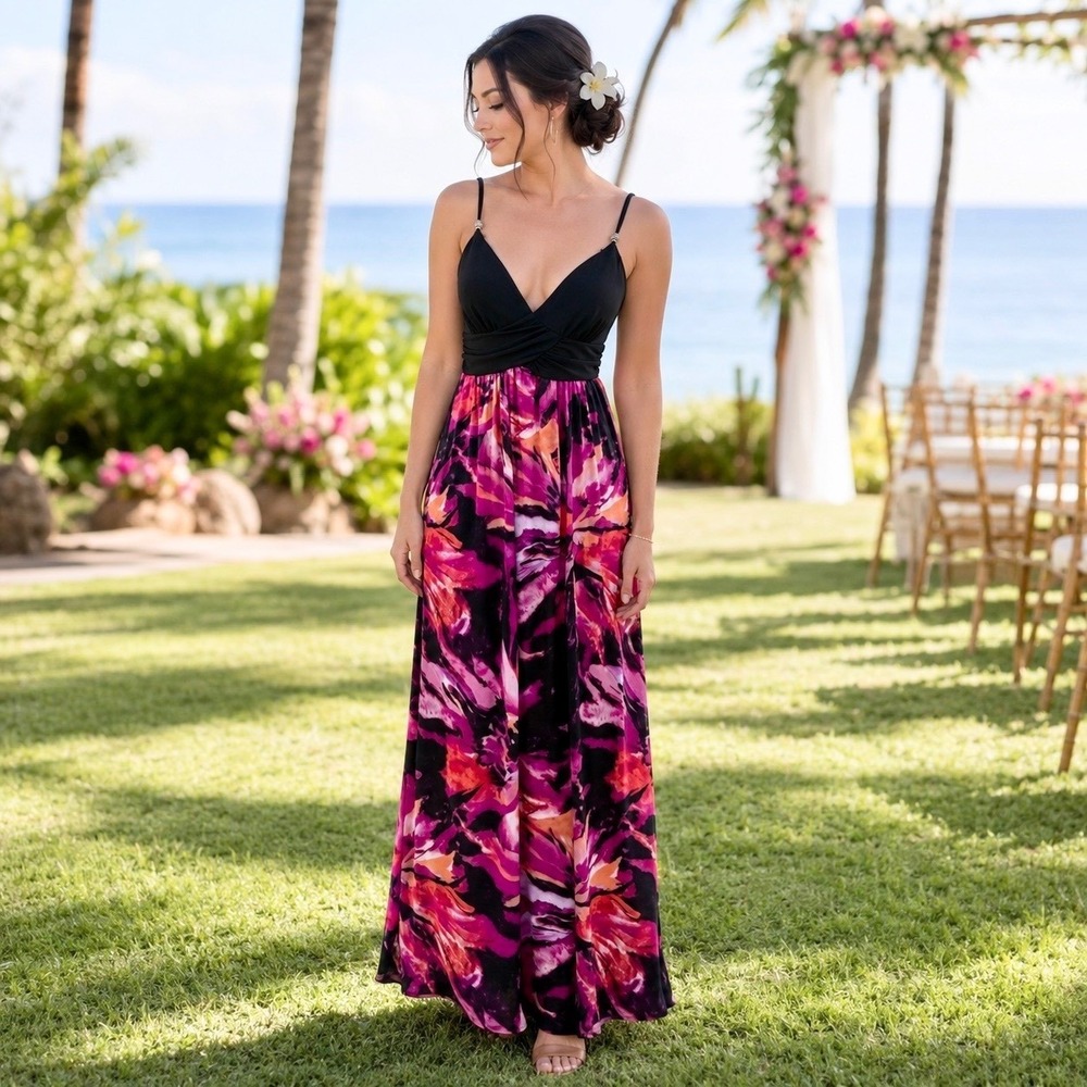 VTG Satin Maxi Dress M Floral Black Pink Empire Waist Beaded Strap Boho Y2K USA